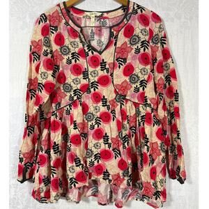 Matilda Jane Tunic Small Pink Black Tan Floral Long Sleeve Ruffle